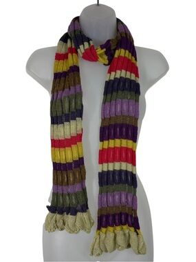 SOL 100% Baby Alpaca Colorful Rainbow Striped Pattern Lightweight Knit Scarf